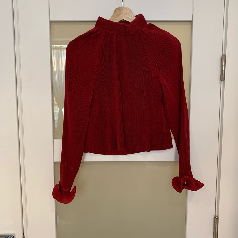 Tibi Red Pleated High-Neck Long-Sleeve Blouse